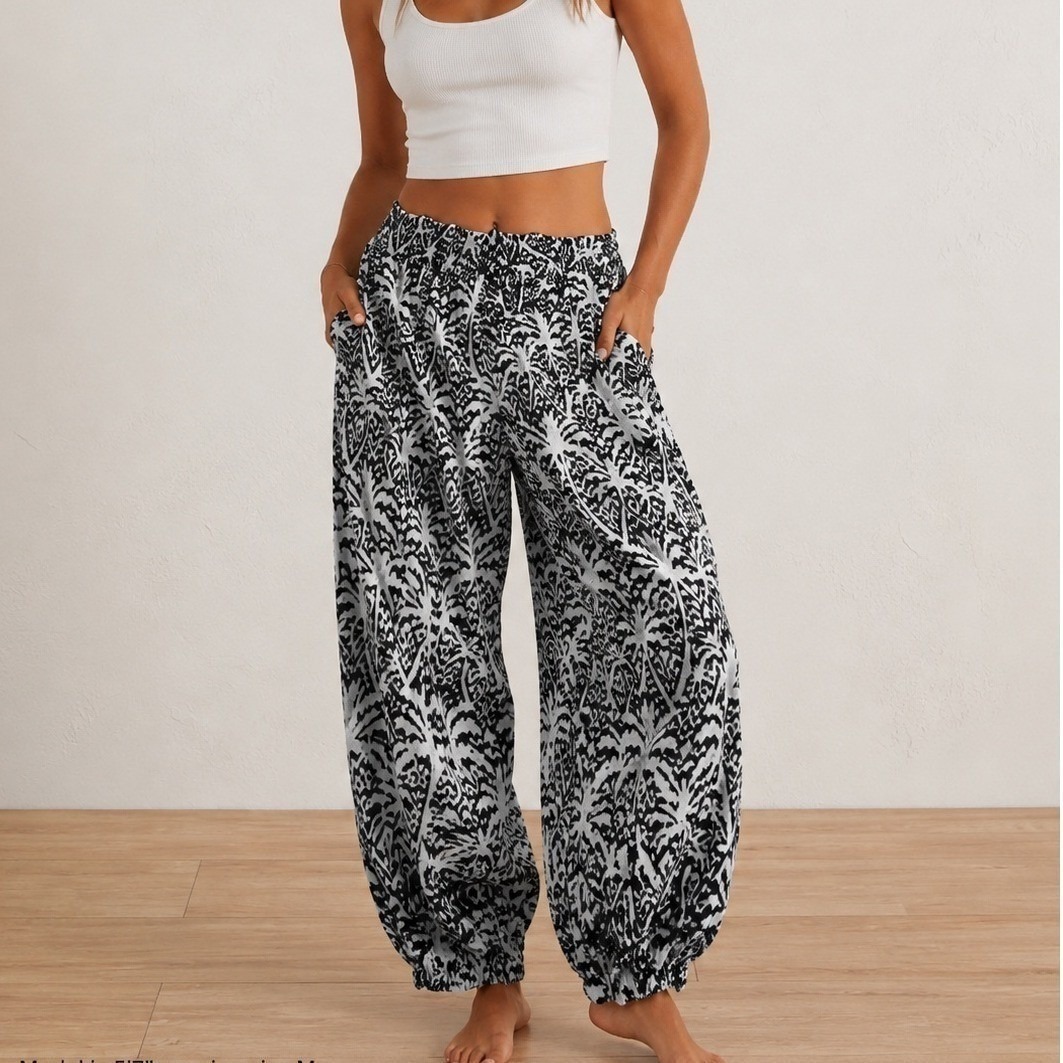 Panama Jack Ikat Palm Print Jogger Pants Black White Beach Resort Wear Small